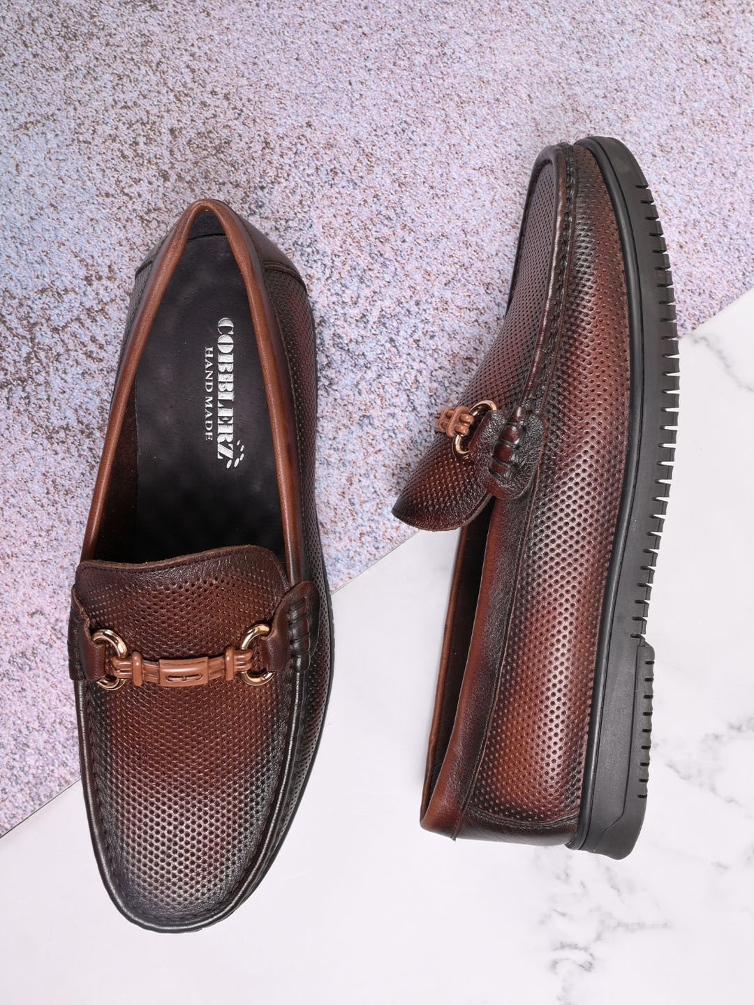 

Cobblerz Men Textured Round Toe Leather Loafers, Brown
