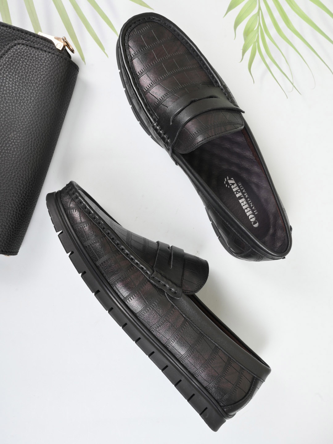 

Cobblerz Men Textured Round Toe Leather Loafers, Black