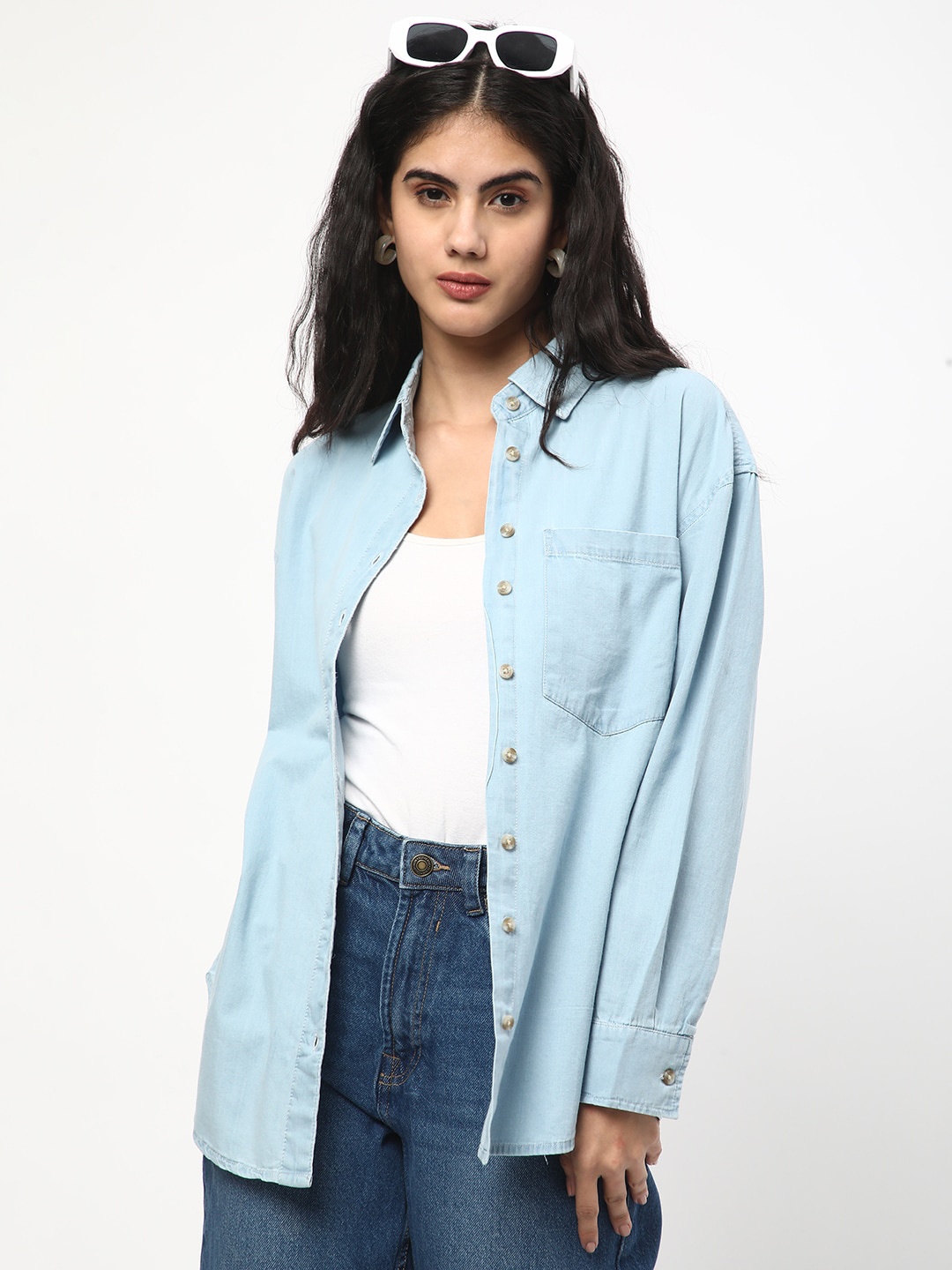 

R&B Spread Collar Long Sleeves Chest Pocket Denim Shirt, Blue