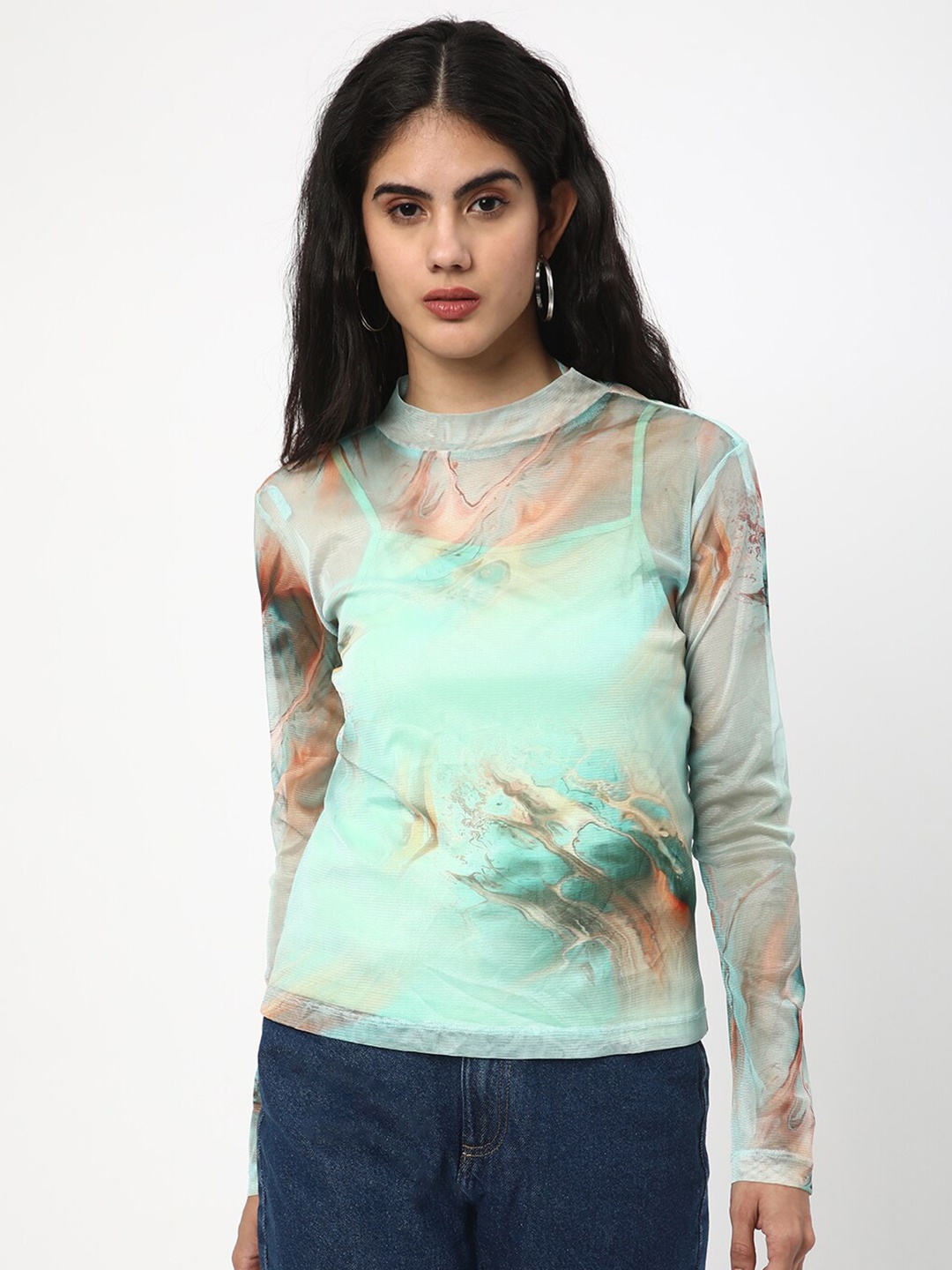 

R&B Tie and Dye Print Mandarin Collar Shirt Style Top, Green
