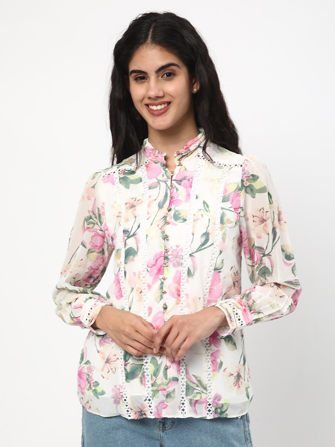 

R&B Floral Printed Cuffed Sleeves Shirt Style Top, White