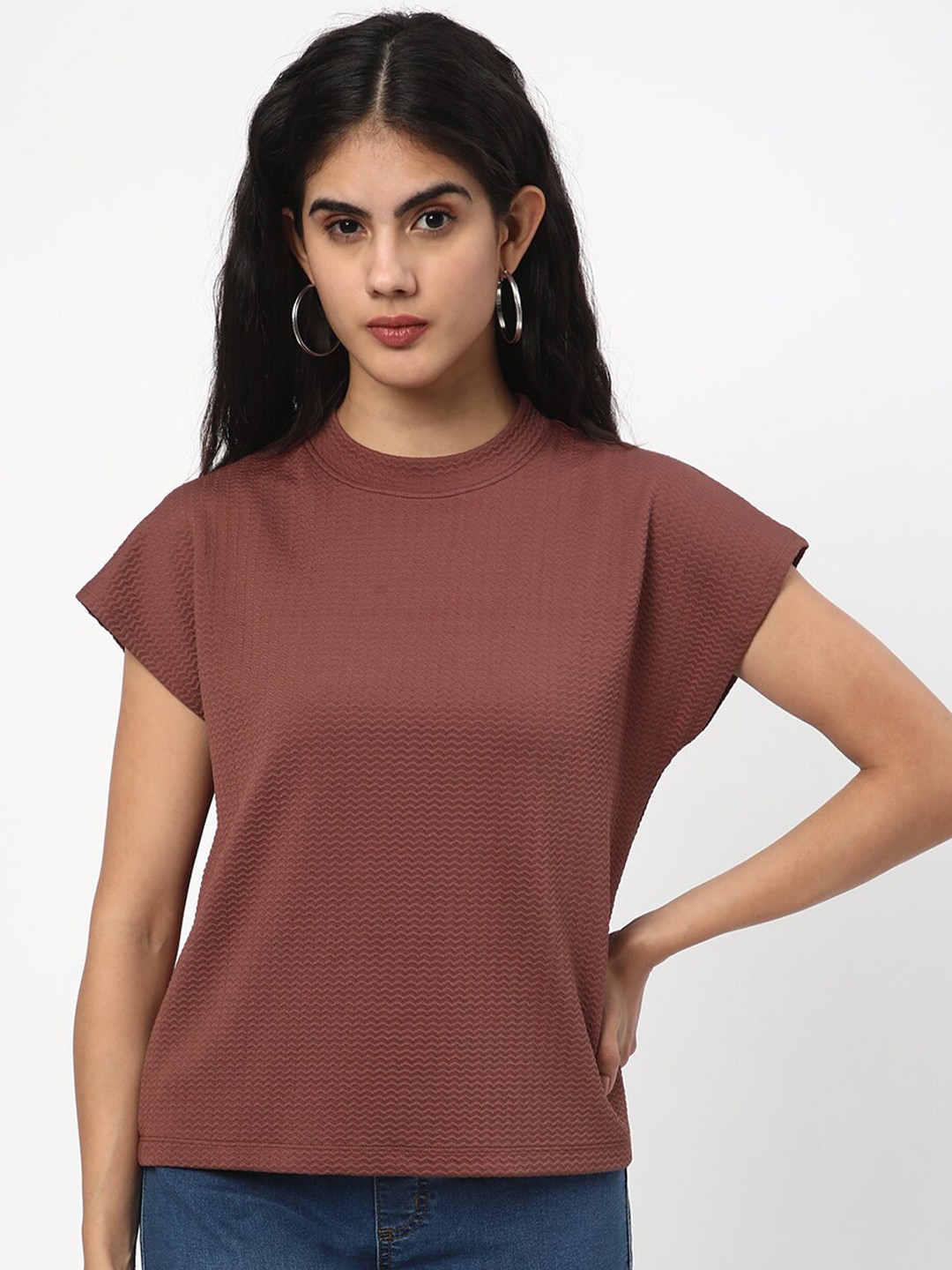 

R&B Geometric Printed Kimono Sleeves Round Neck Top, Brown