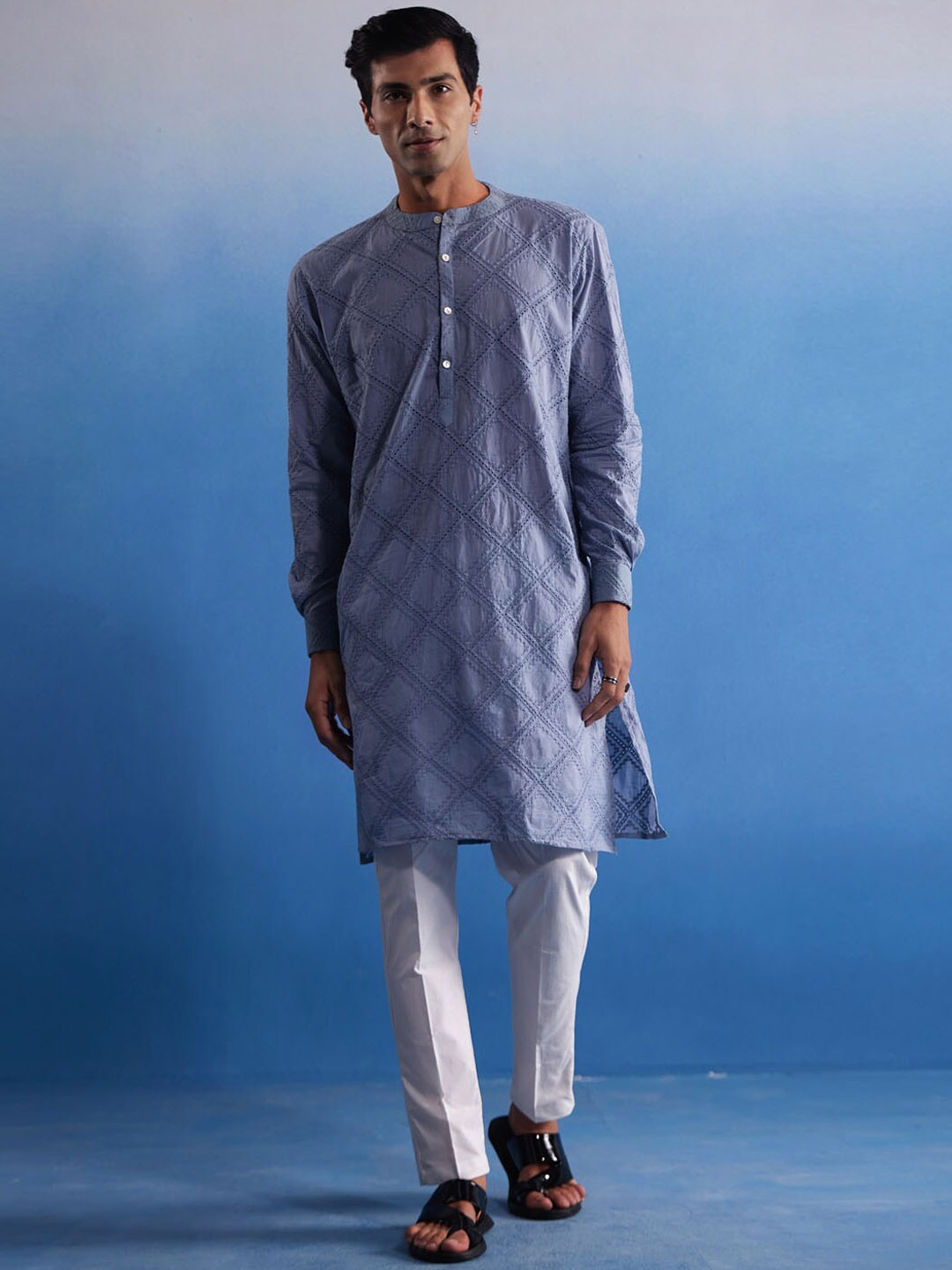 

VASTRAMAY Men Schiffli Embroidered Cotton Kurta With Pant Pyjama, Blue