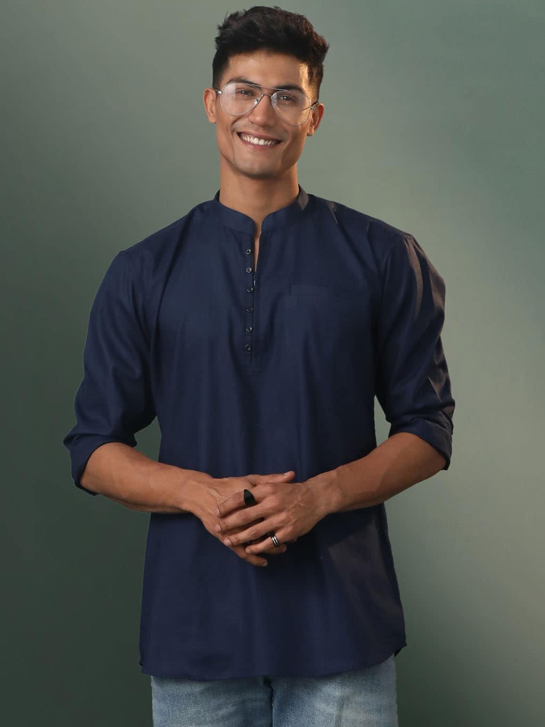 

VASTRAMAY Mandarin Collar Cotton Short Kurta, Navy blue