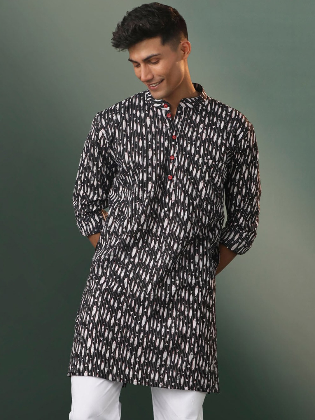 

VASTRAMAY Abstract Printed Band Collar Thread Work Straight Kurta, Black