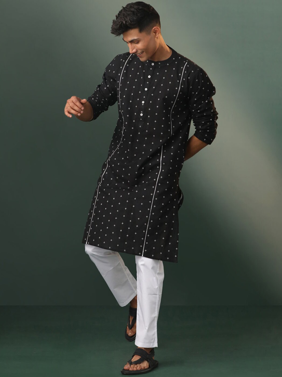 

VASTRAMAY Floral Woven Design Band Collar Straight Kurta With Pyjama, Black