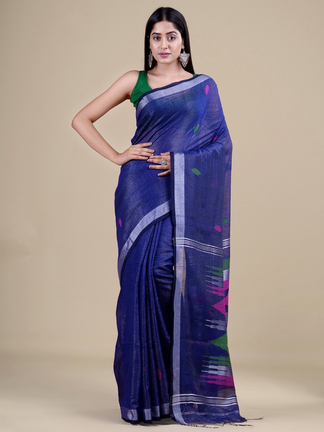 

HOUSE OF ARLI Geometric Woven Design Zari Saree, Blue
