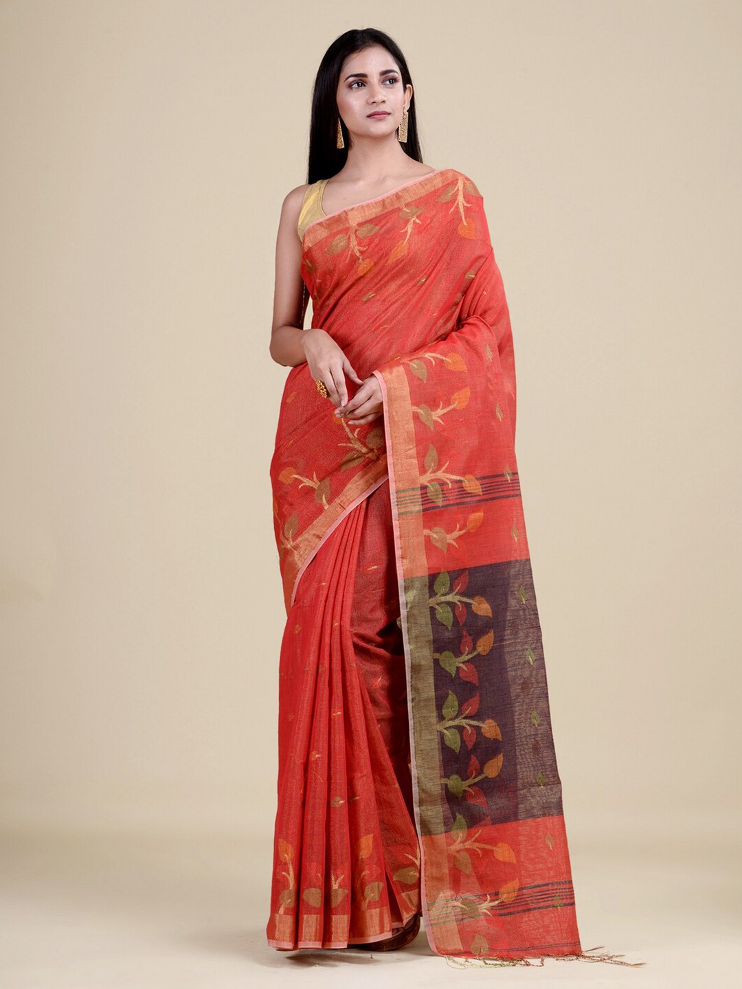 

HOUSE OF ARLI Woven Design Floral Zari Saree, Rust