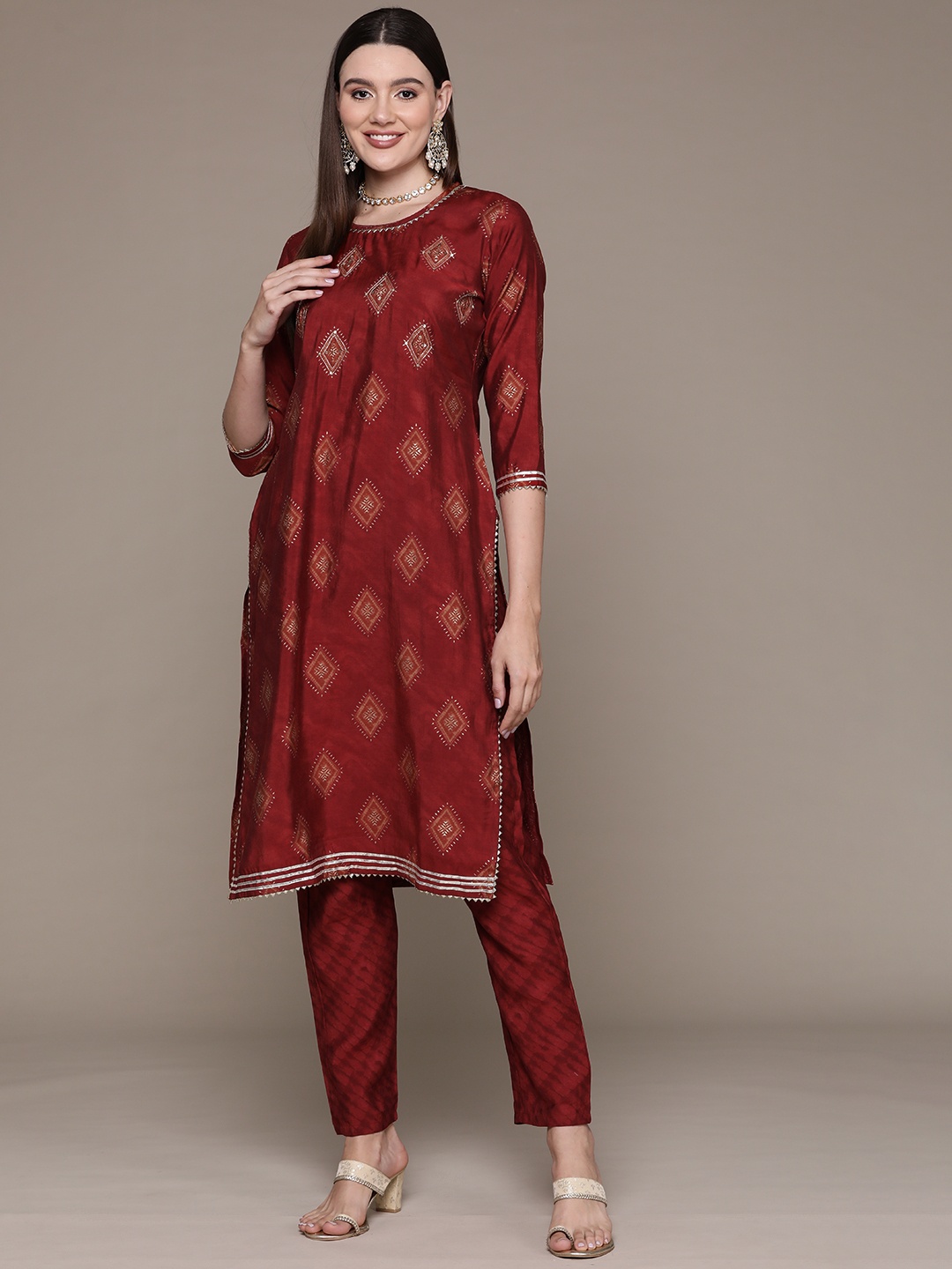 

Readiprint Ethnic Motifs Printed Gotta Patti Pure Silk Kurta with Trousers, Maroon