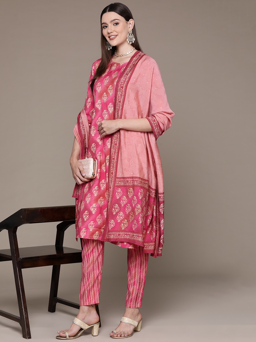 

Readiprint Ethnic Motifs Printed Sequinned Pure Silk Kurta Set, Pink