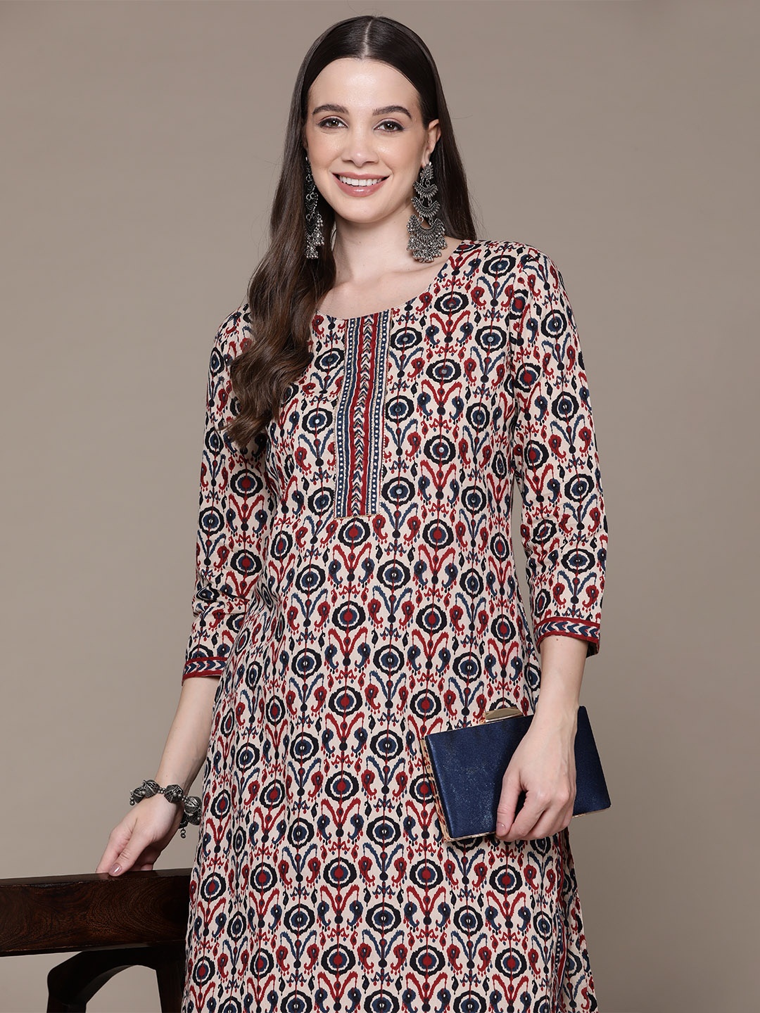 

Readiprint Ethnic Motifs Printed Mirror Work Pure Cotton Kurta with Trousers, Red