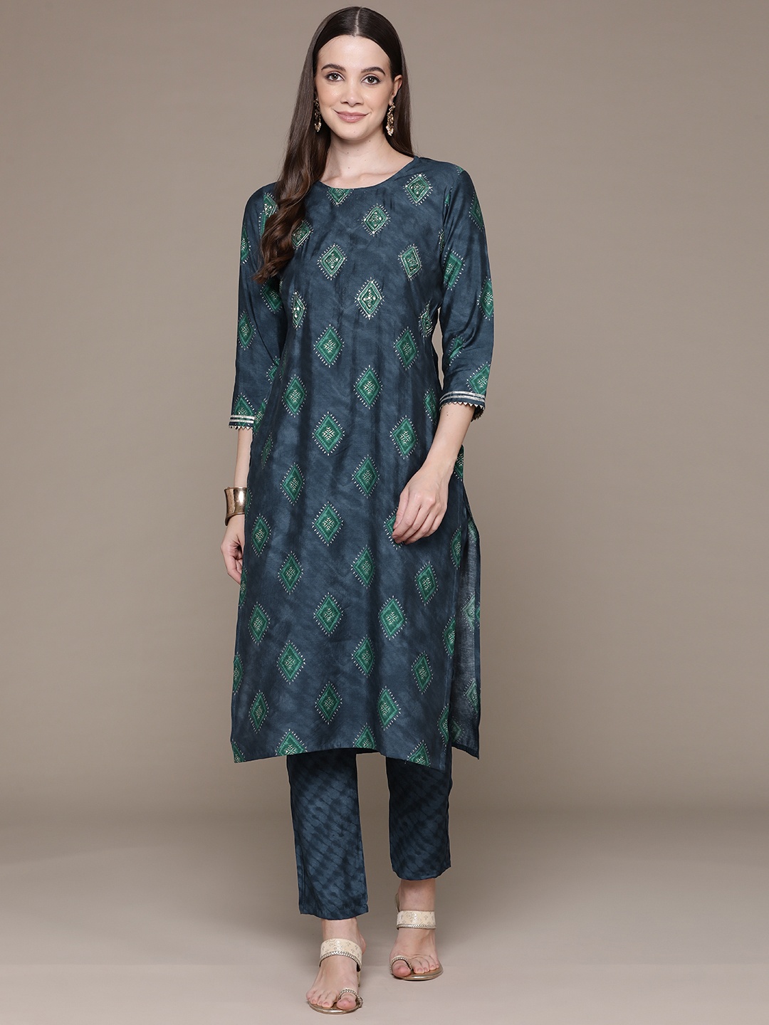 

Readiprint Ethnic Motifs Printed Sequinned Pure Silk Kurta with Trousers, Navy blue