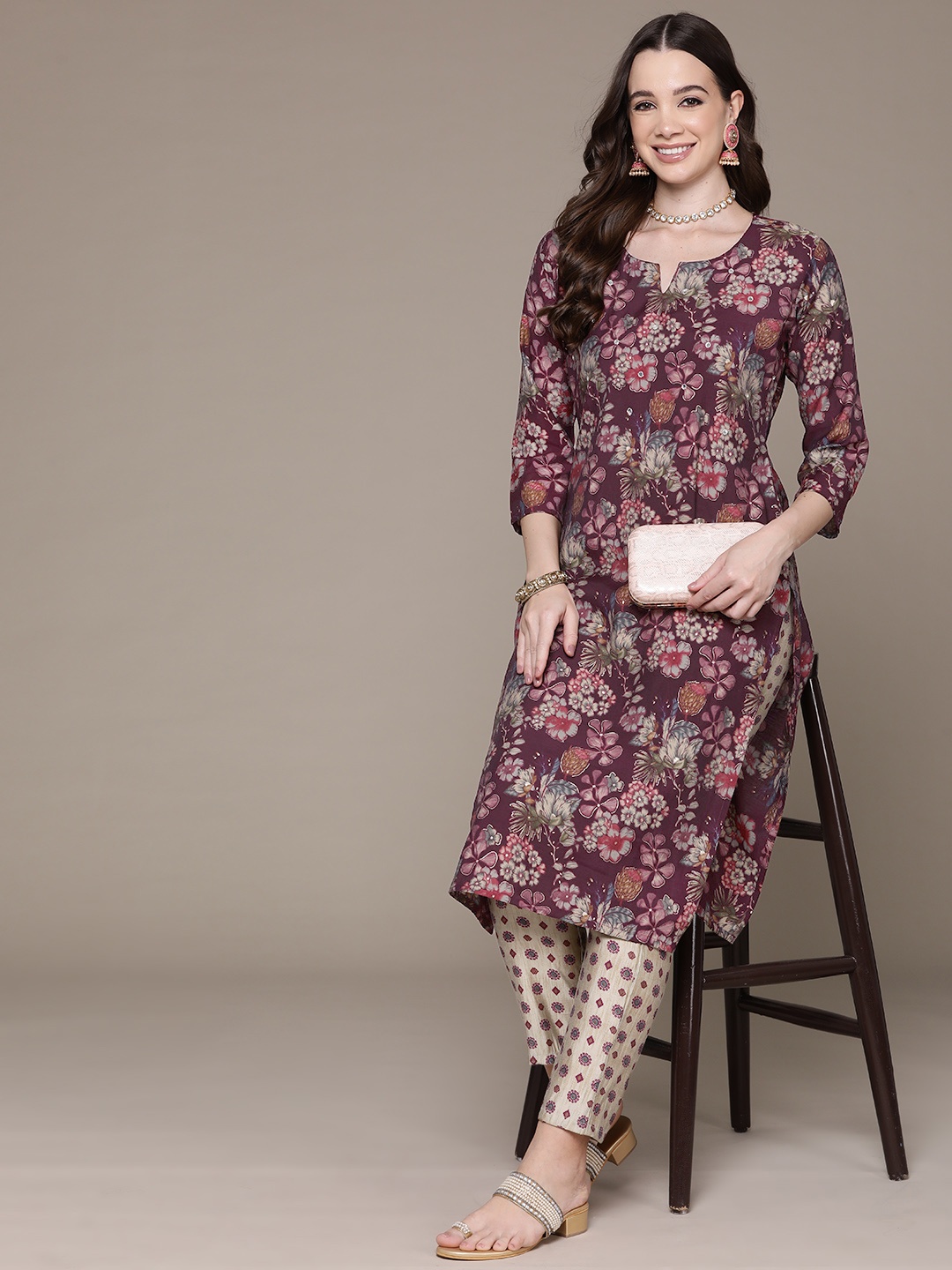 Readiprint Women Floral Printed Regular Pure Silk Kurta with Trousers, Purple