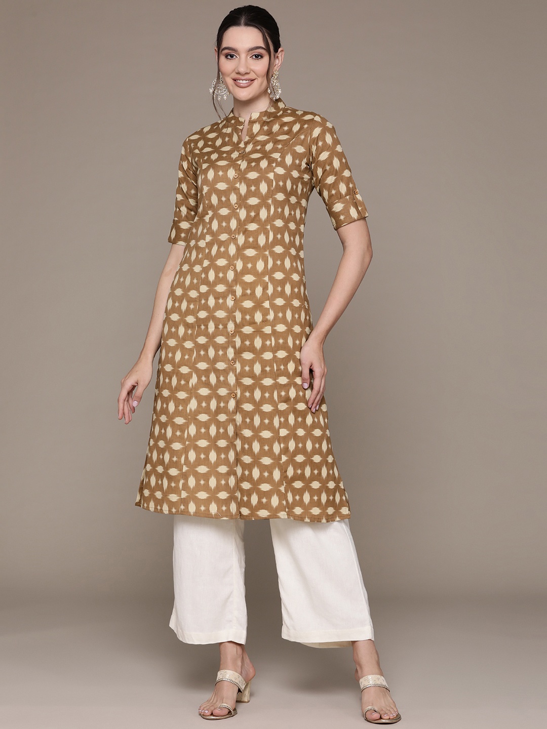 Readiprint Printed Mandarin Collar Roll-Up Sleeves Pure Cotton Kurta, Brown