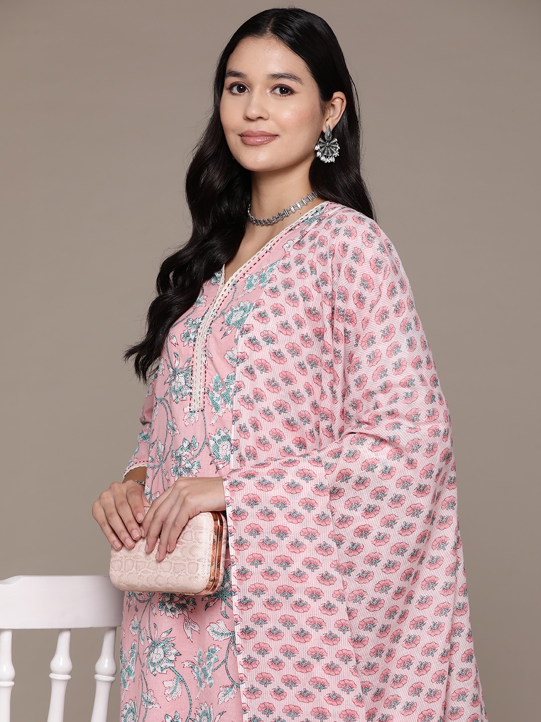 Readiprint Floral Printed Sequinned Pure Cotton Kurta with Trousers & Dupatta, Pink