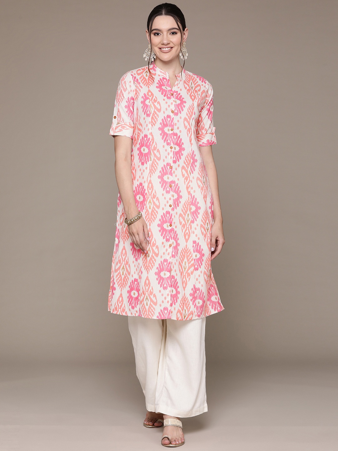 

Readiprint Printed Mandarin Collar Roll-Up Sleeves Pure Cotton Kurta, Pink