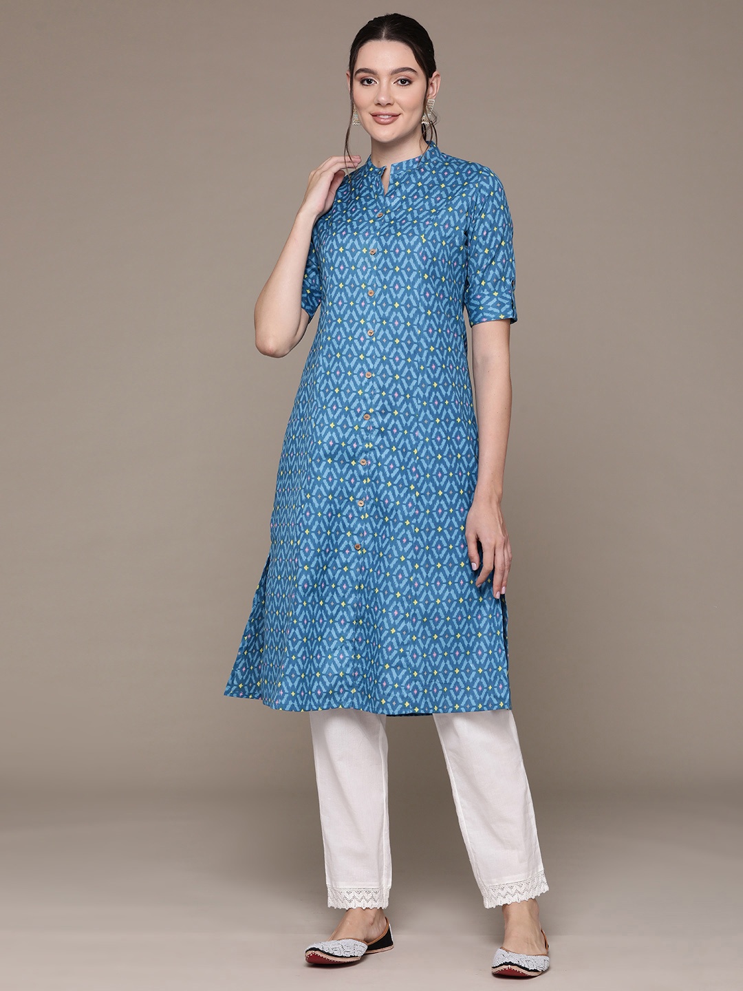 

Readiprint Printed Mandarin Collar Roll-Up Sleeves Pure Cotton Kurta, Blue