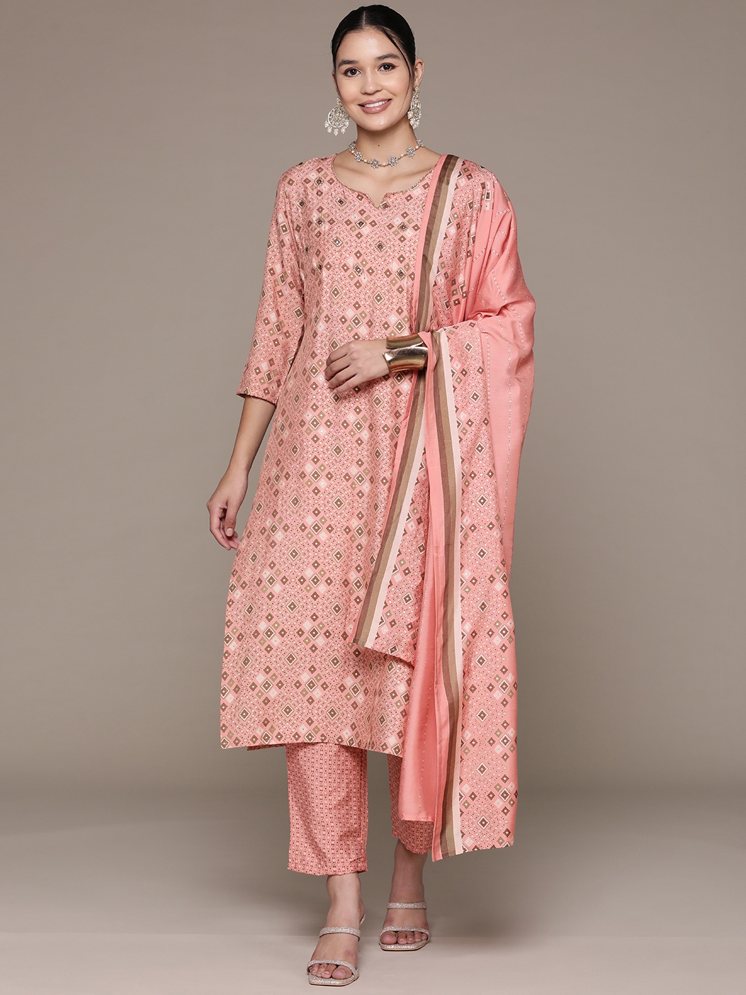 

Readiprint Printed Mirror Work Pure Silk Kurta with Trousers & Dupatta, Pink