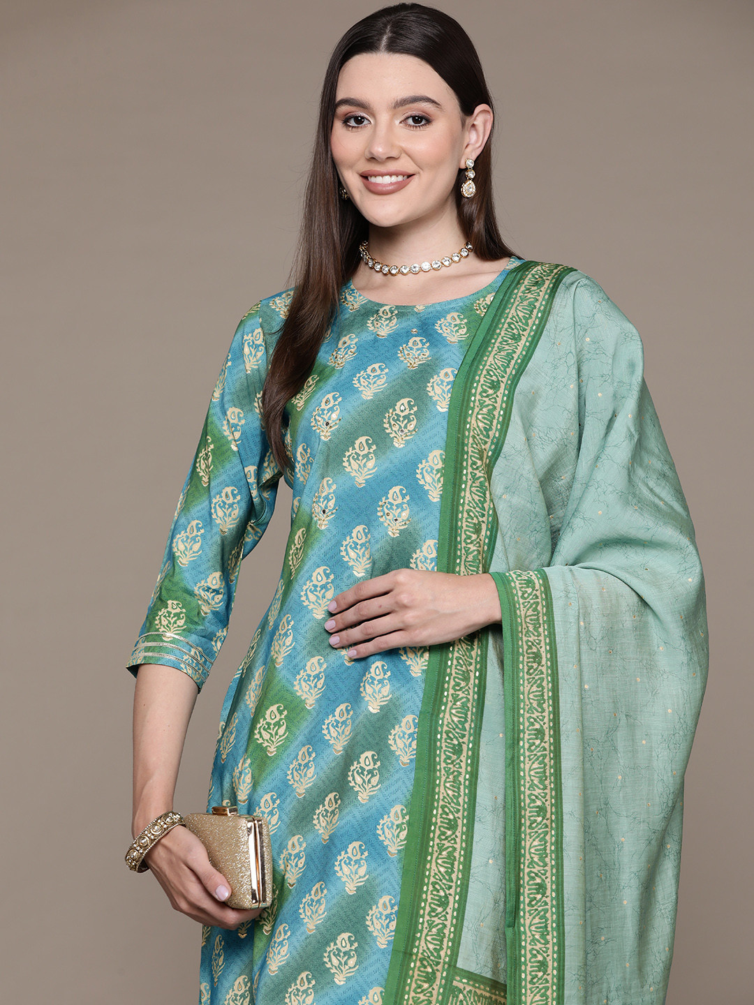 

Readiprint Ethnic Motifs Printed Sequinned Pure Silk Kurta Set, Blue