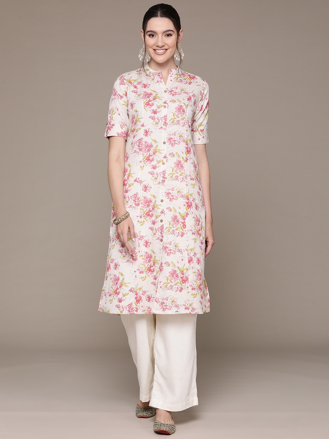 

Readiprint Floral Printed Mandarin Collar Roll-Up Sleeves Pure Cotton Kurta, Pink
