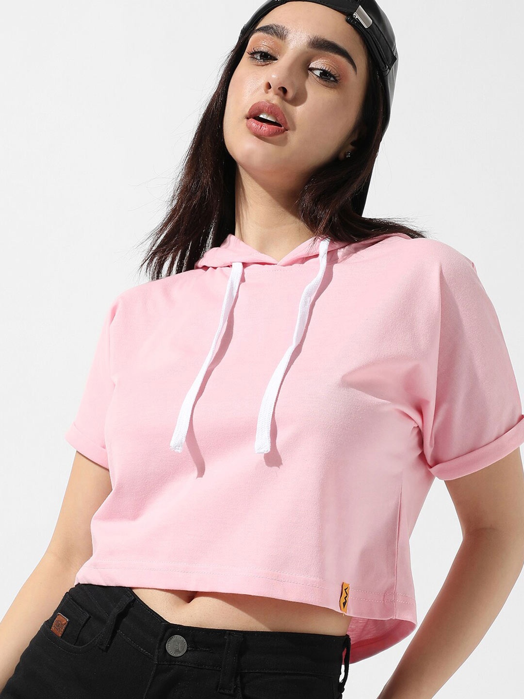

Campus Sutra Hooded Cotton Crop Top, Pink