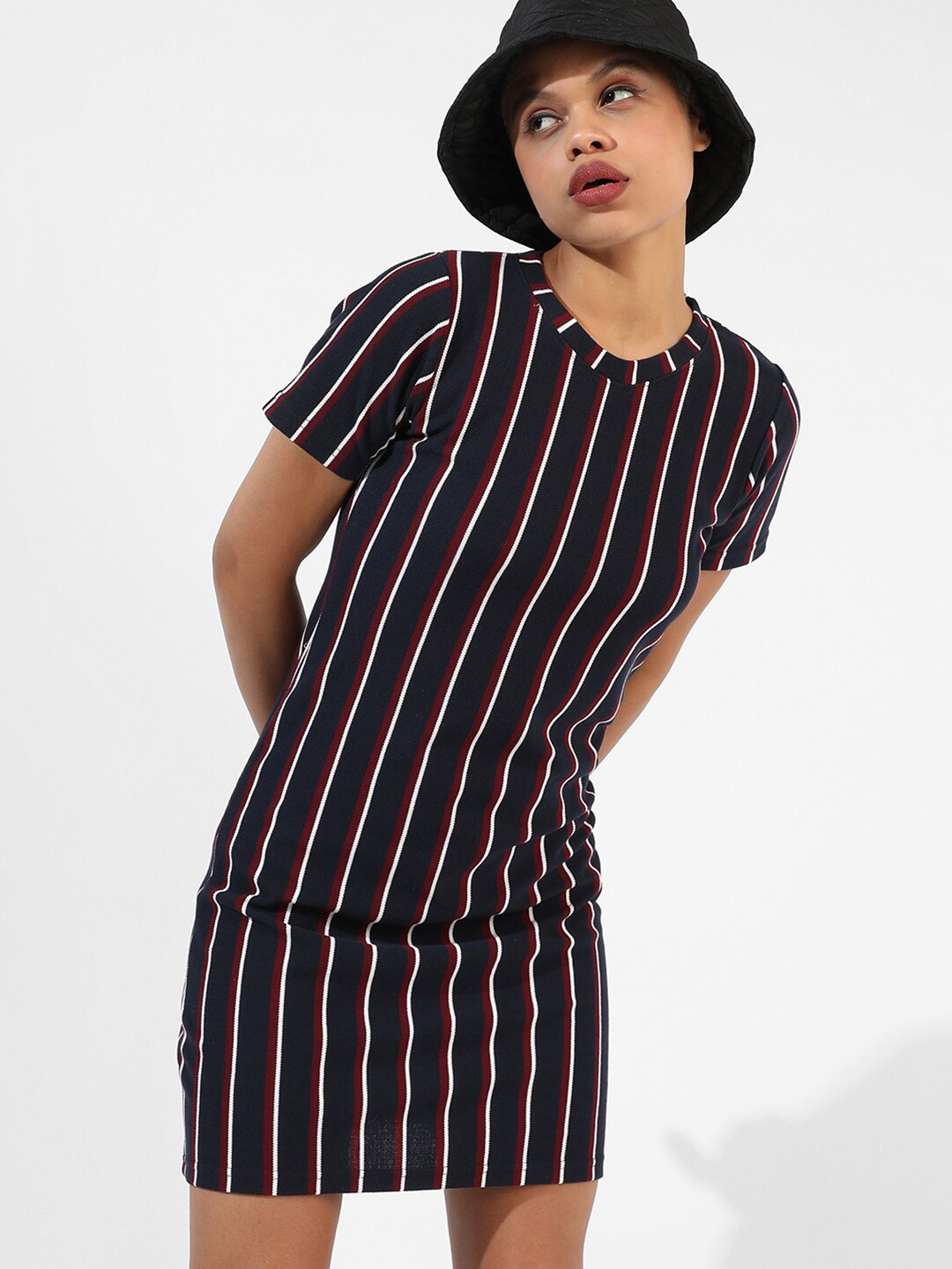 

Campus Sutra Round Neck Cotton Striped Shirt Dress, Blue