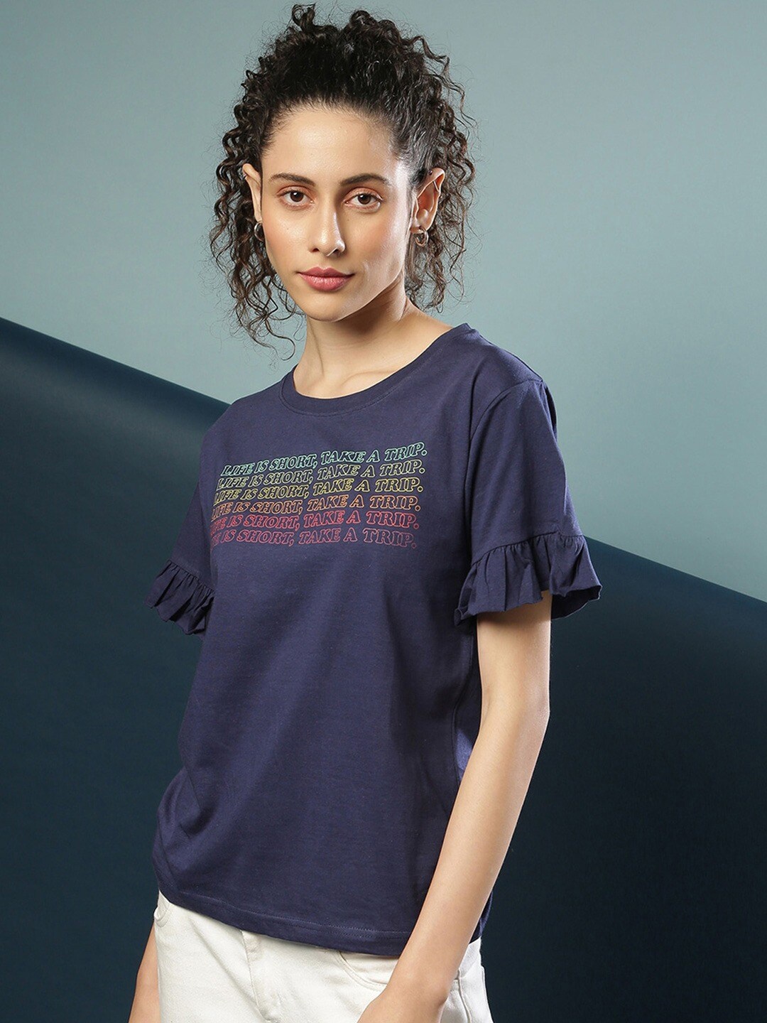 

Campus Sutra Typography Printed Round Neck Cotton Top, Blue