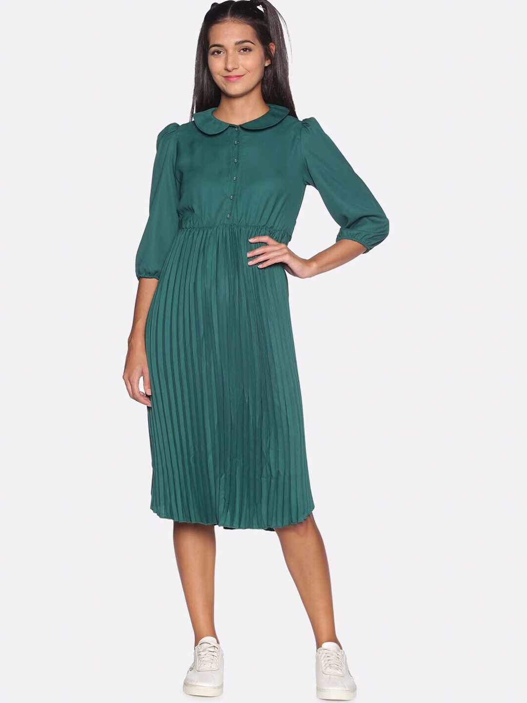 

Campus Sutra Striped Peter Pan Collar A-Line Midi Dress, Green