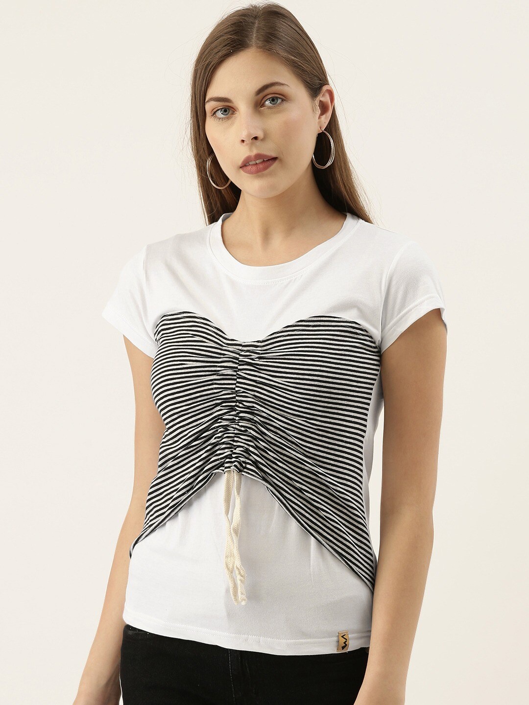 

Campus Sutra Striped Round Neck Gathered Cotton Top, White