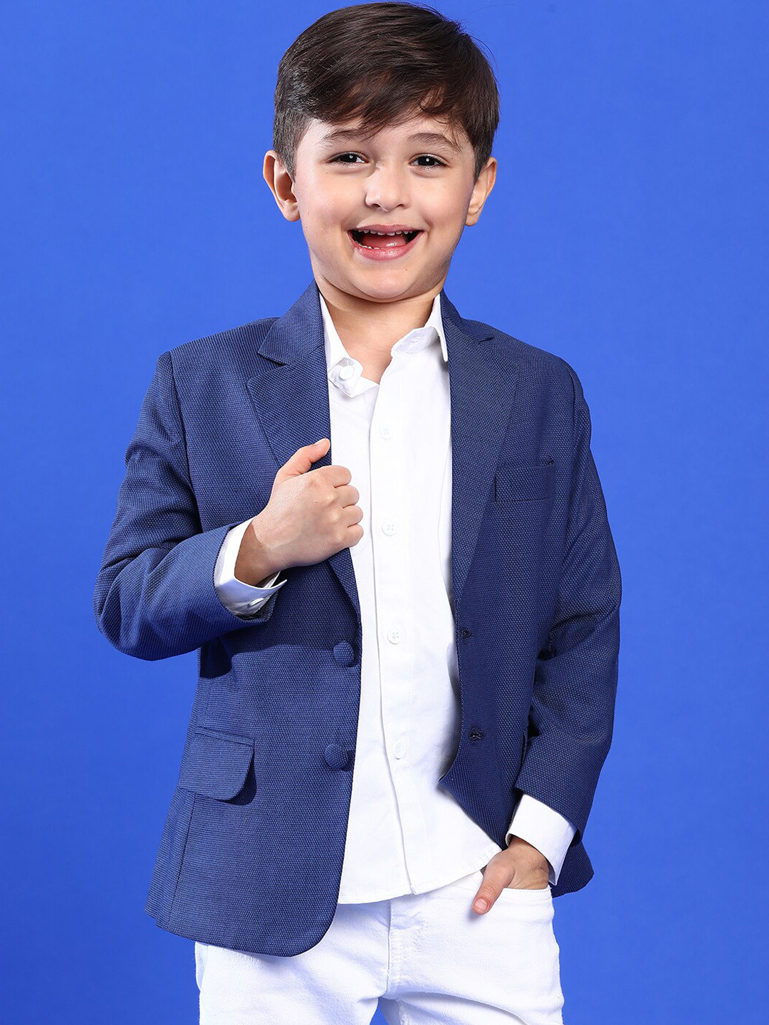 

TALES & STORIES Boys Self Design Single-Breasted Blazer, Navy blue