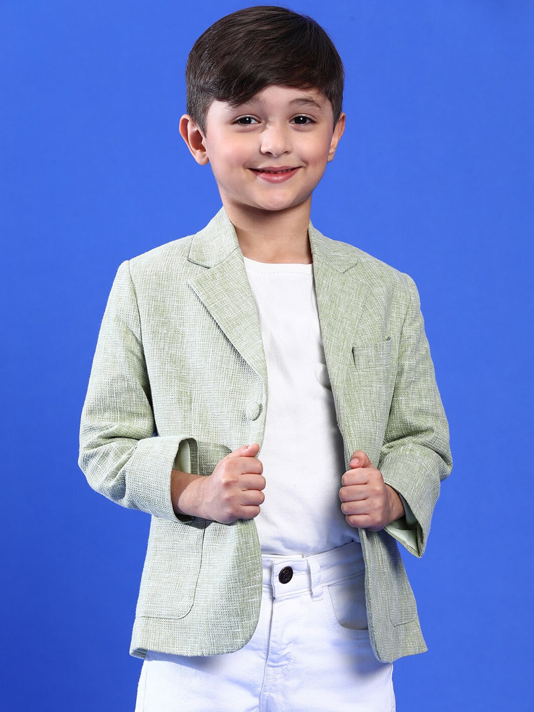 

TALES & STORIES Boys Self Design Single-Breasted Cotton Blazer, Green