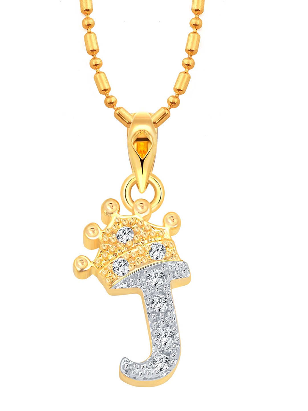 

Vighnaharta Unisex Gold-Plated Cubic Zirconia Studded Crown J Letter Pendant With Chain