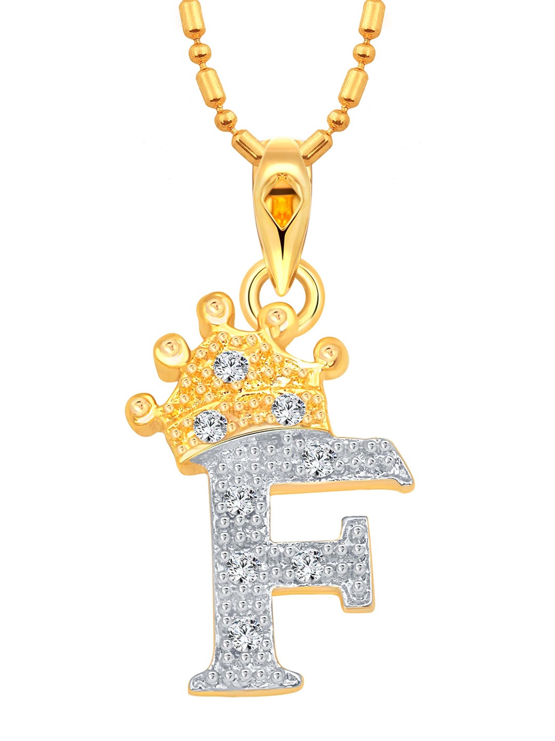 

Vighnaharta Unisex Gold-Plated Cubic Zirconia Studded Crown F Letter Pendant With Chain