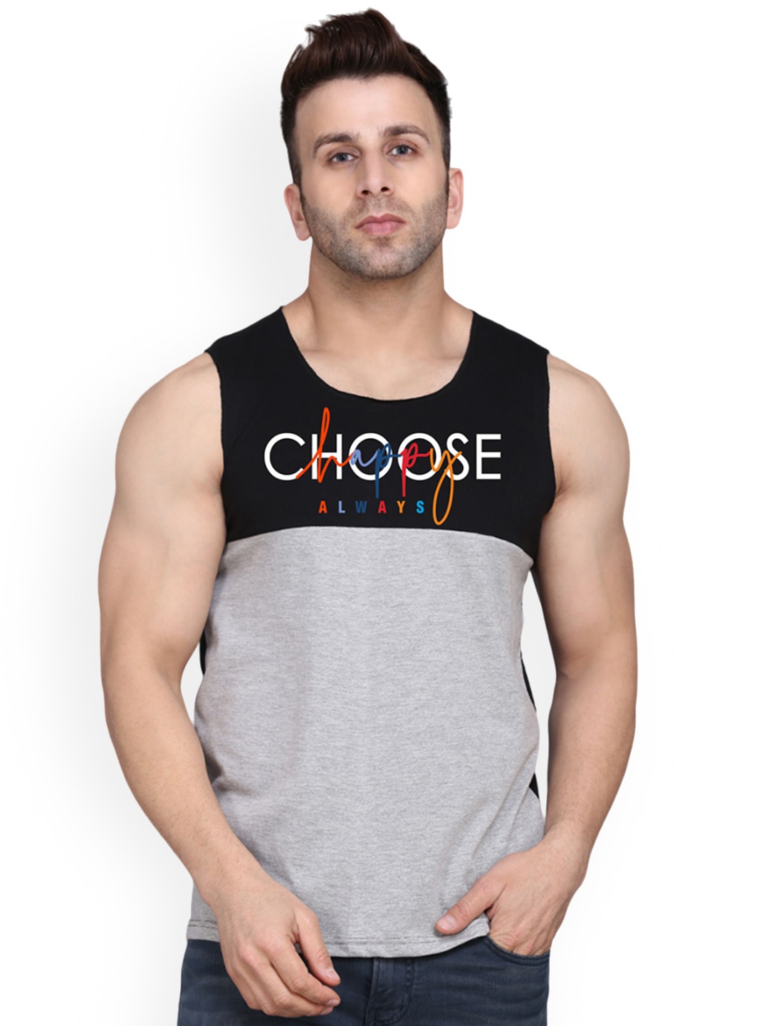 

SLOWLORIS Colourblocked Combed Cotton Bio-Wash Gym Vest SL26 CHS BLACKGREY, Black