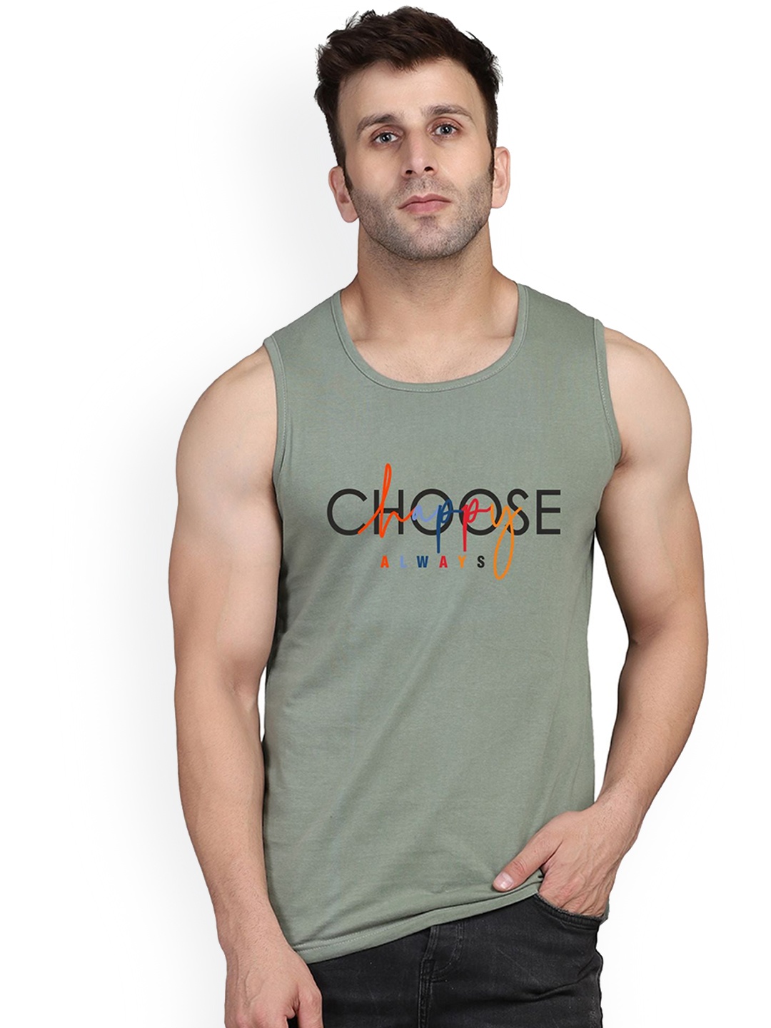 

SLOWLORIS Printed Combed Cotton Bio-Wash Gym Vest SL26 CHS LGTGREEN, Green