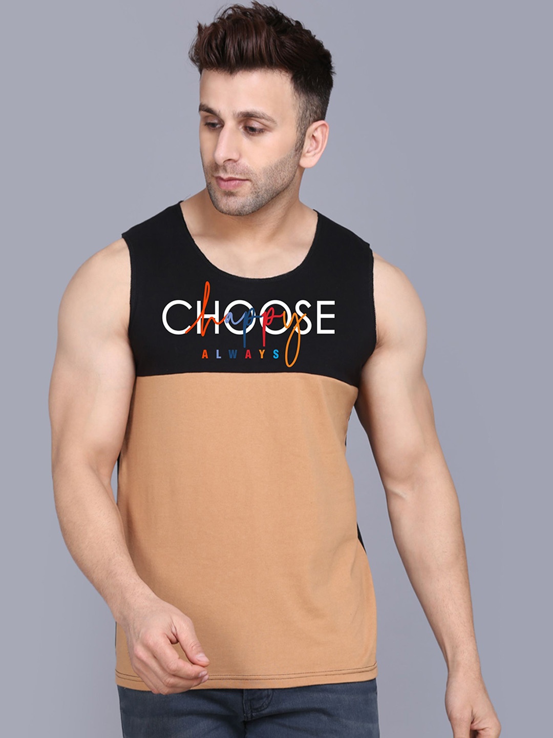 

SLOWLORIS Colourblocked Combed Cotton Bio-Wash Gym Vest SL26 CHS BLACKRUST, Black