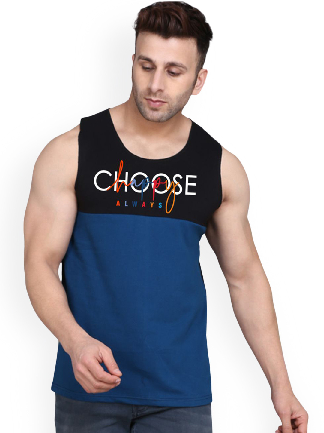 

SLOWLORIS Colourblocked Combed Cotton Bio-Wash Gym Vest, Black