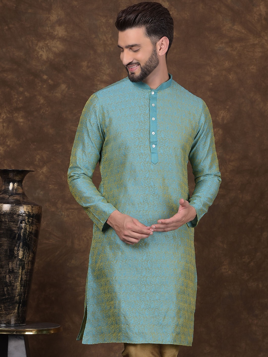 

DEYANN Woven Design Mandarin Collar Straight Kurta, Blue