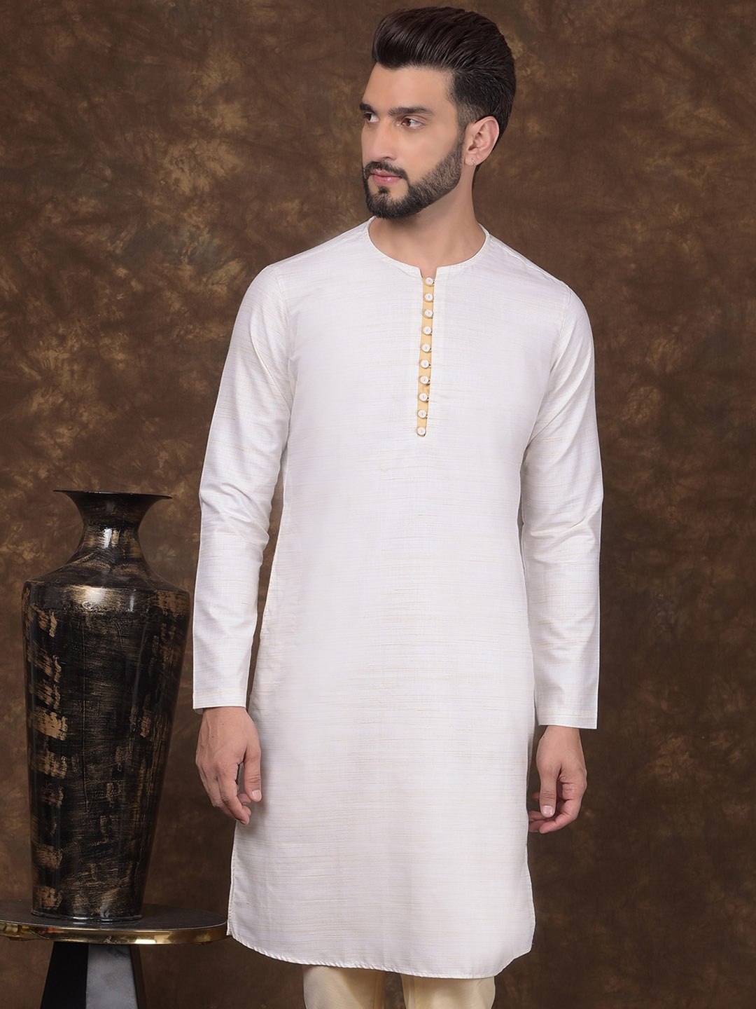 

DEYANN Woven Design Notch Neck Straight Kurta, Off white