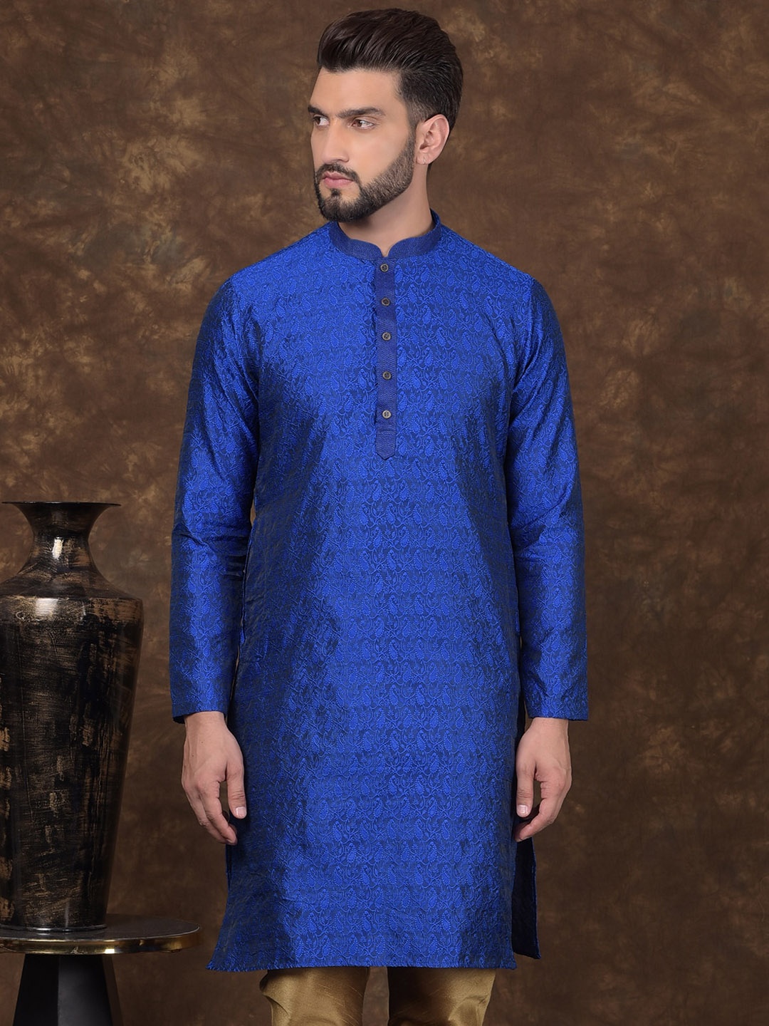 

DEYANN Ethnic Motifs Woven Design Mandarin Collar Straight Kurta, Blue