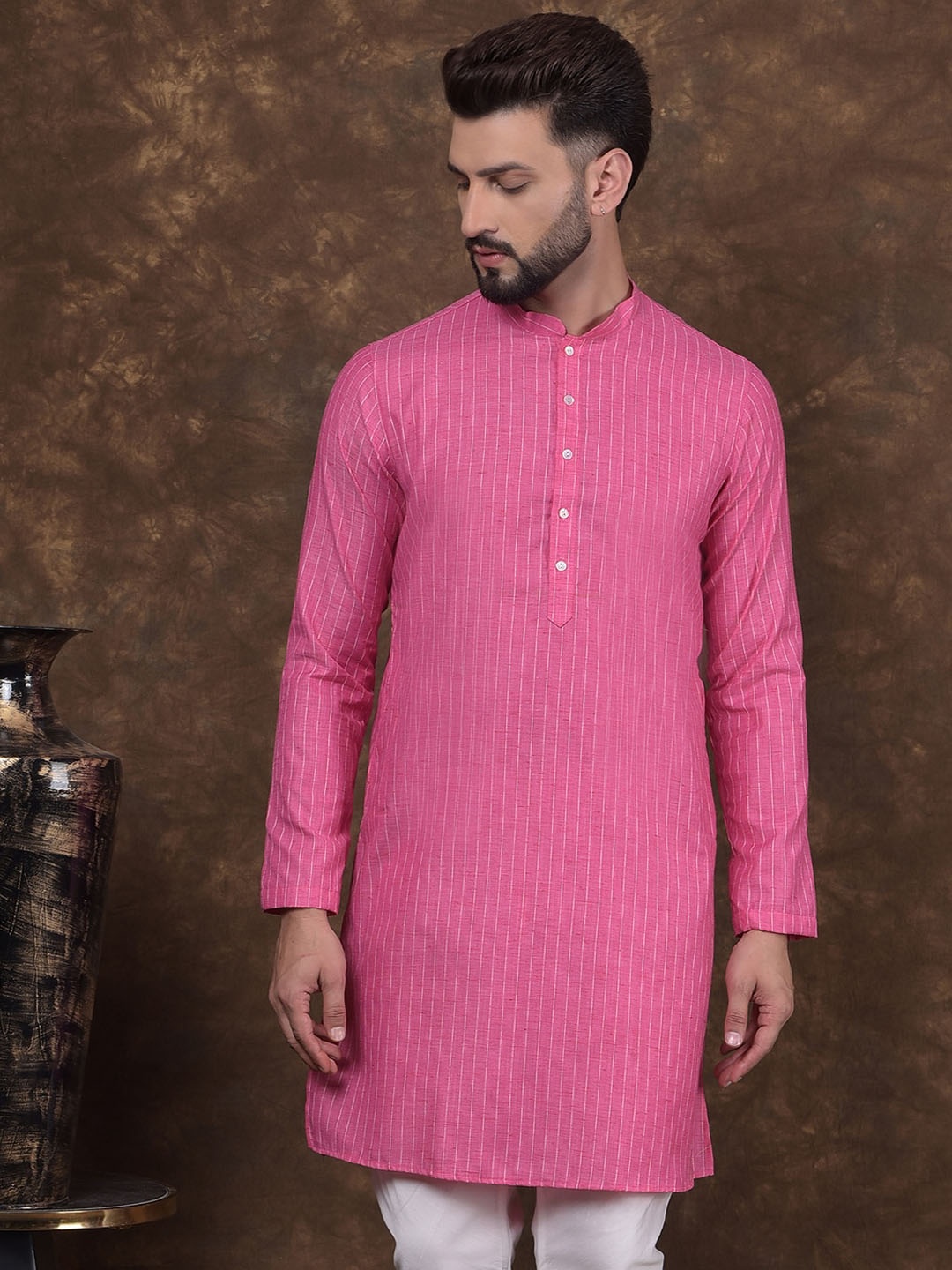 

DEYANN Striped Woven Design Mandarin Collar Straight Kurta, Pink