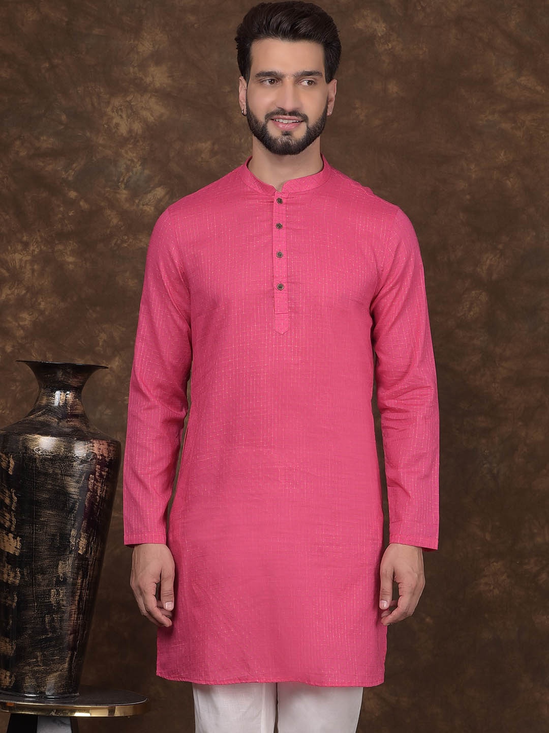 

DEYANN Woven Design Mandarin Collar Straight Kurta, Pink