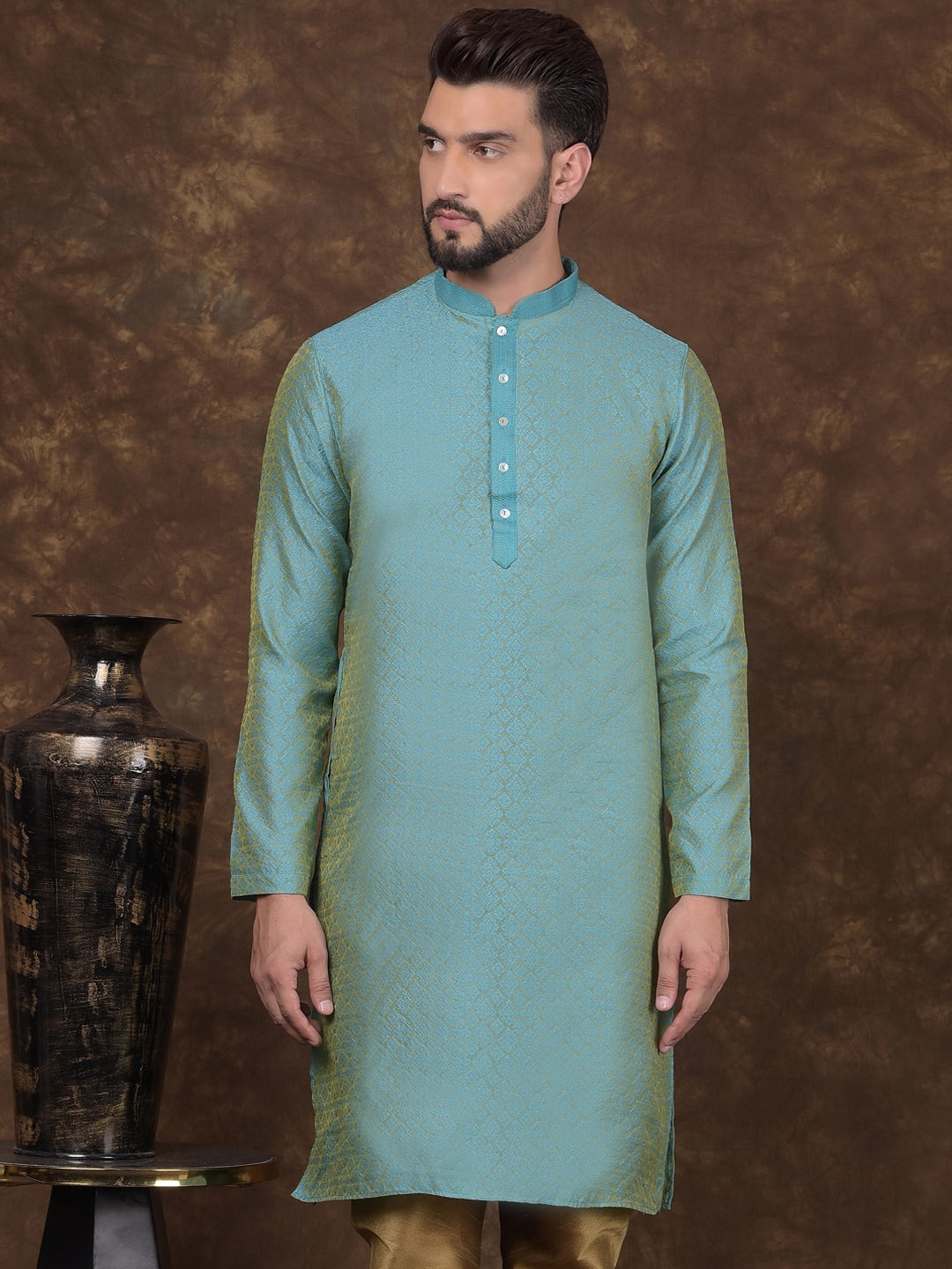 

DEYANN Ethnic Motifs Woven Design Mandarin Collar Straight Kurta, Blue