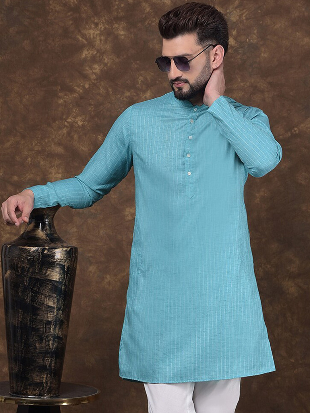 

DEYANN Striped Woven Design Mandarin Collar Straight Kurta, Blue