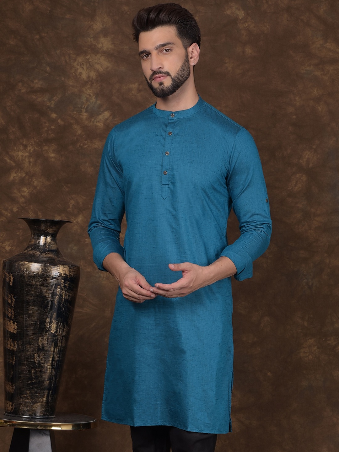 

DEYANN Band Collar Long Sleeves Straight Kurta, Blue