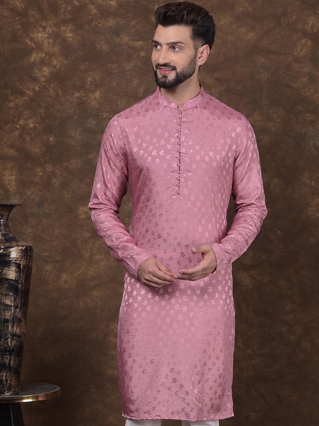 

DEYANN Printed Mandarin Collar Kurta, Pink