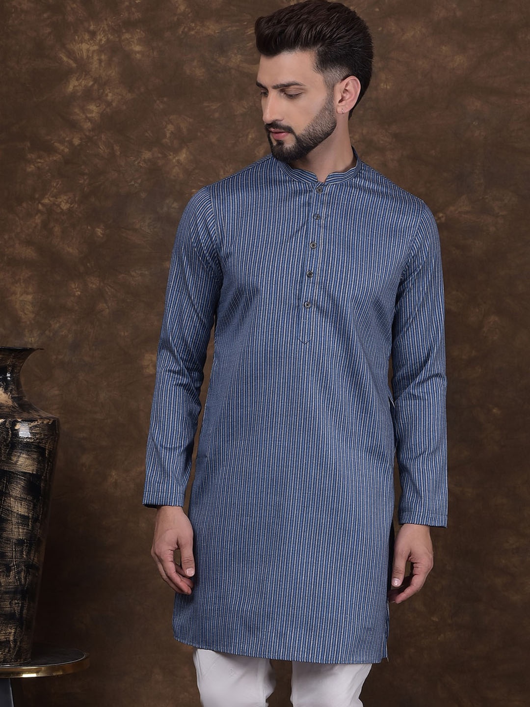 

DEYANN Striped Woven Design Band Collar Jacquard Silk Straight Kurta, Blue