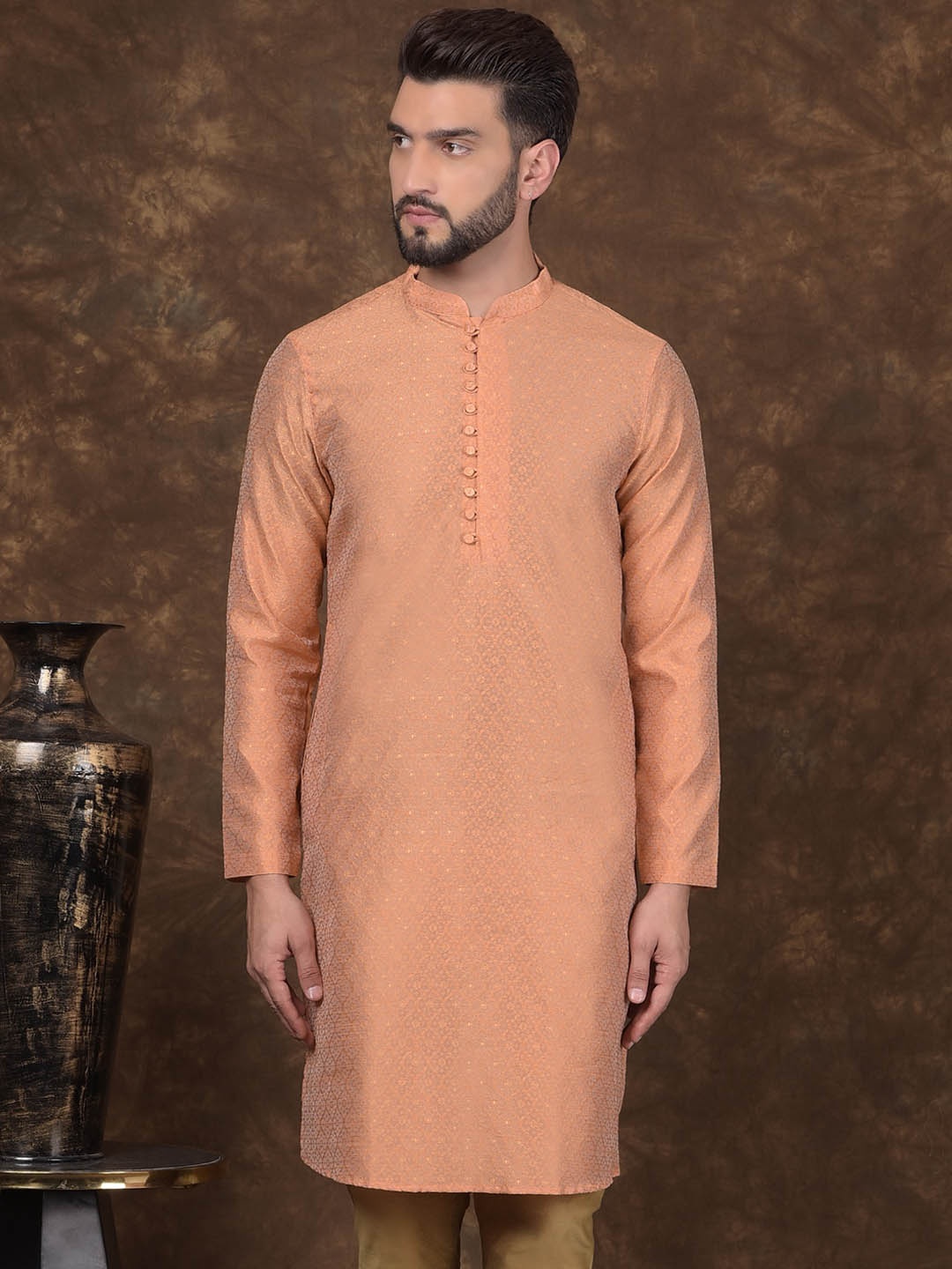 

DEYANN Ethnic Motifs Woven Design Mandarin Collar Jacquard Straight Kurta, Copper