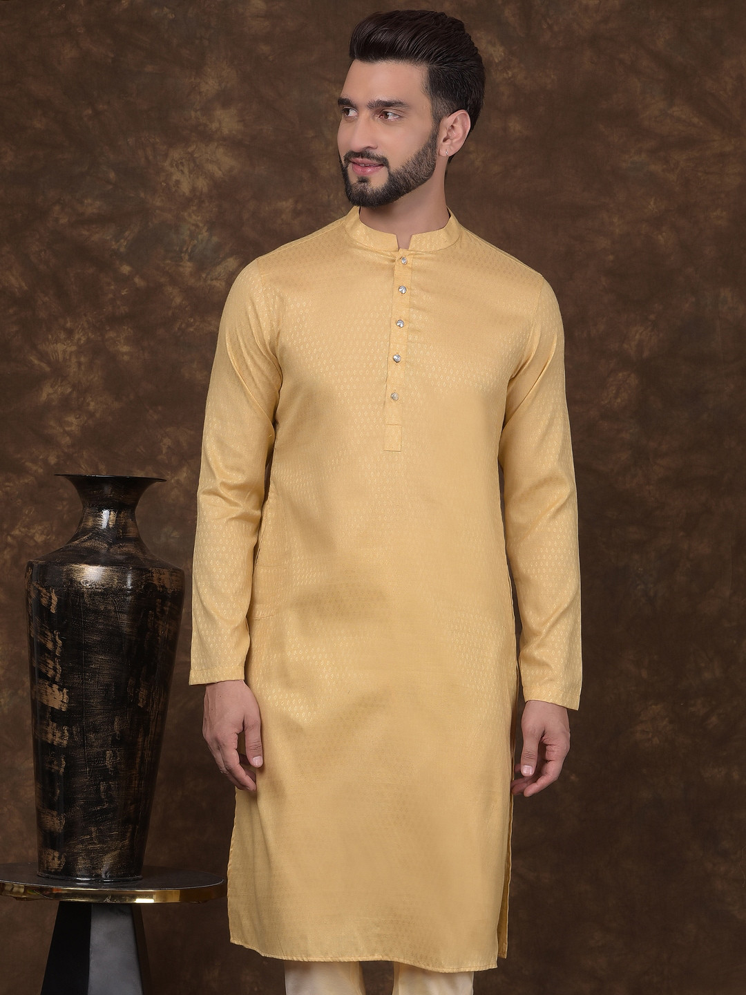 

DEYANN Floral Woven Design Zari Mandarin Collar Straight Kurta, Brown