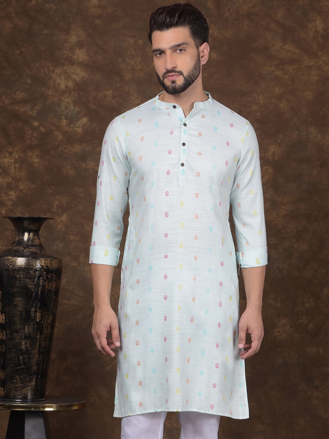DEYANN Floral Woven Design Mandarin Collar Jacquard Straight Kurta, Blue